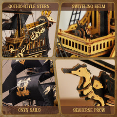 ROKR Seahorse Barque sails and deck, showcases fine woodwork