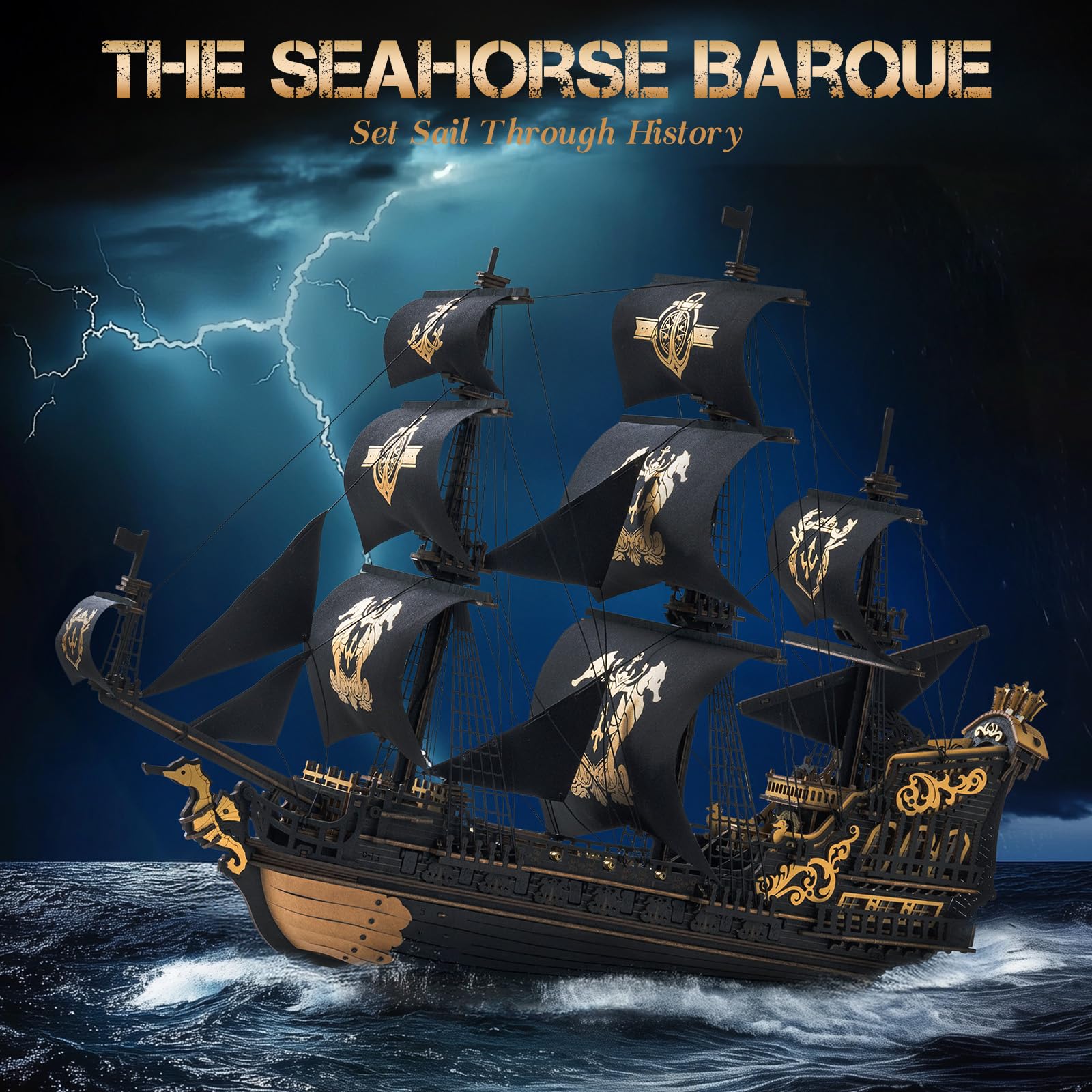 ROKR Seahorse Barque puzzle side detail, highlights intricate woodwork