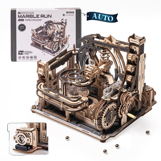 ROKR Spaceport assembly scene shows intricate wooden puzzle setup for enthusiasts.
