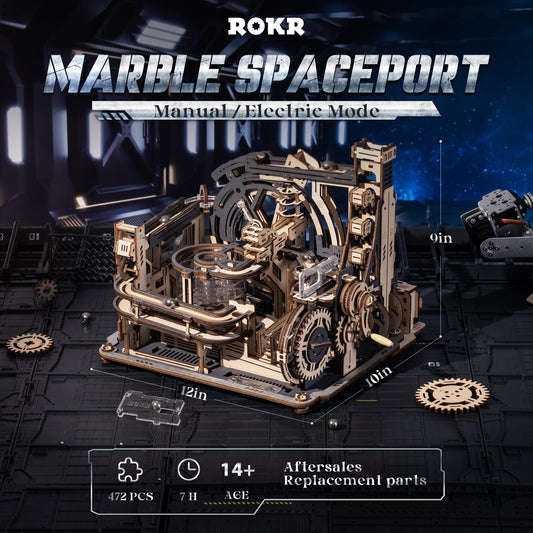 ROKR Spaceport ball-rolling mechanics highlight gravity-powered fun and paths.