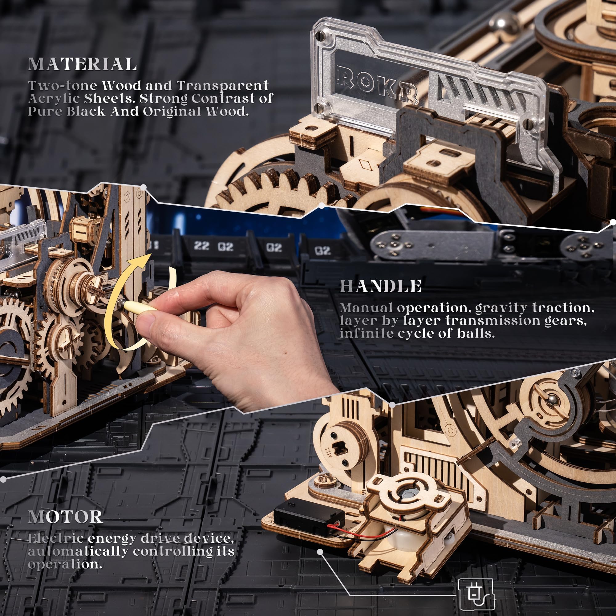 ROKR Spaceport gear-transmission reveals a complex moving parts in a puzzle build.