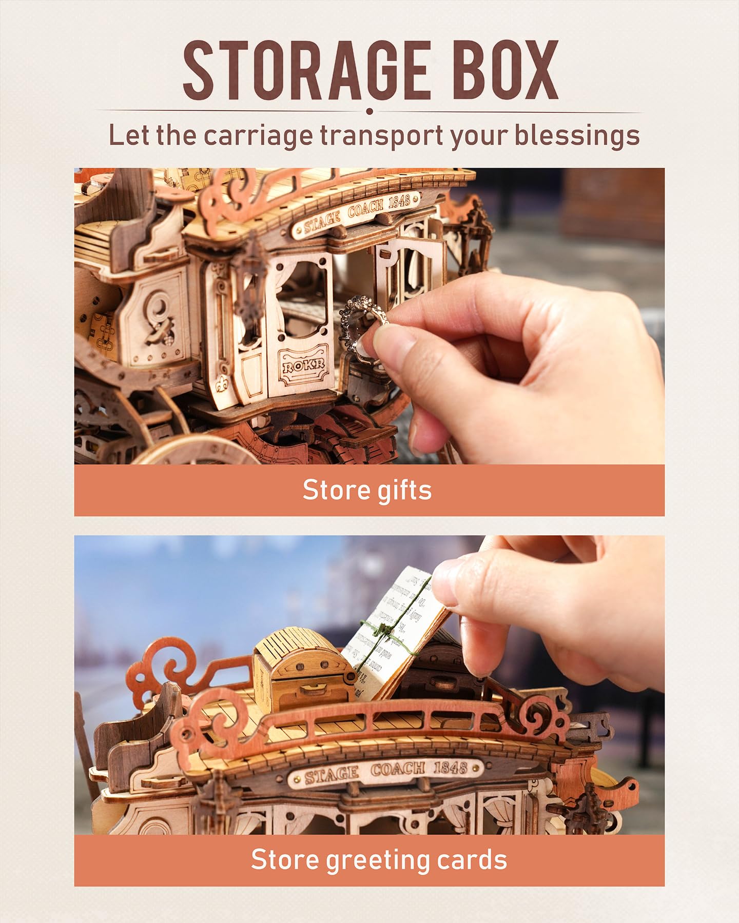 ROKR Stagecoach detailed-model showcases realistic decoration and elegant motifs.
