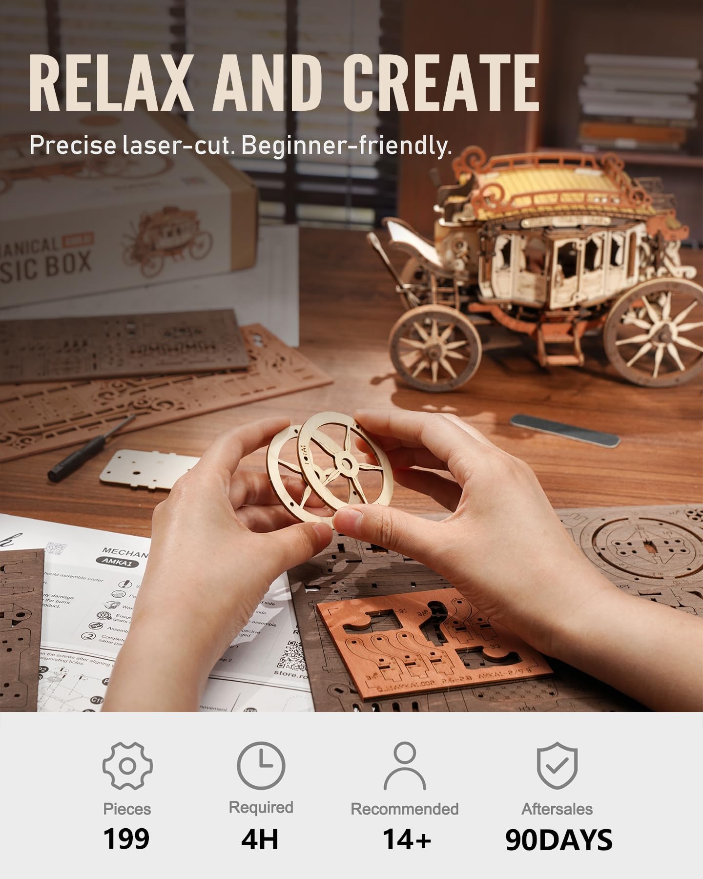 ROKR glue-free-assembly highlights no glue required for clean construction.