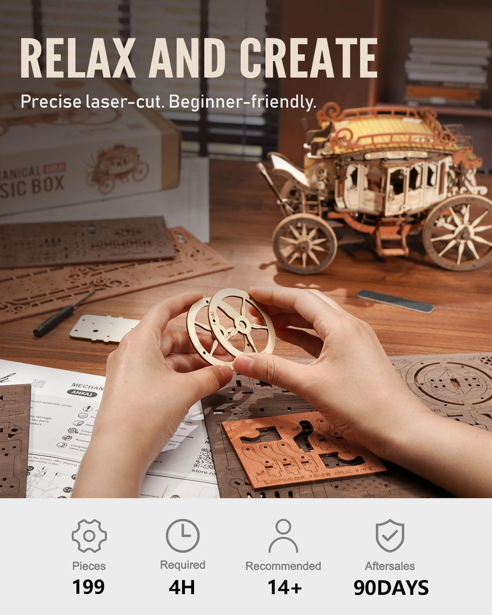 ROKR glue-free-assembly highlights no glue required for clean construction.