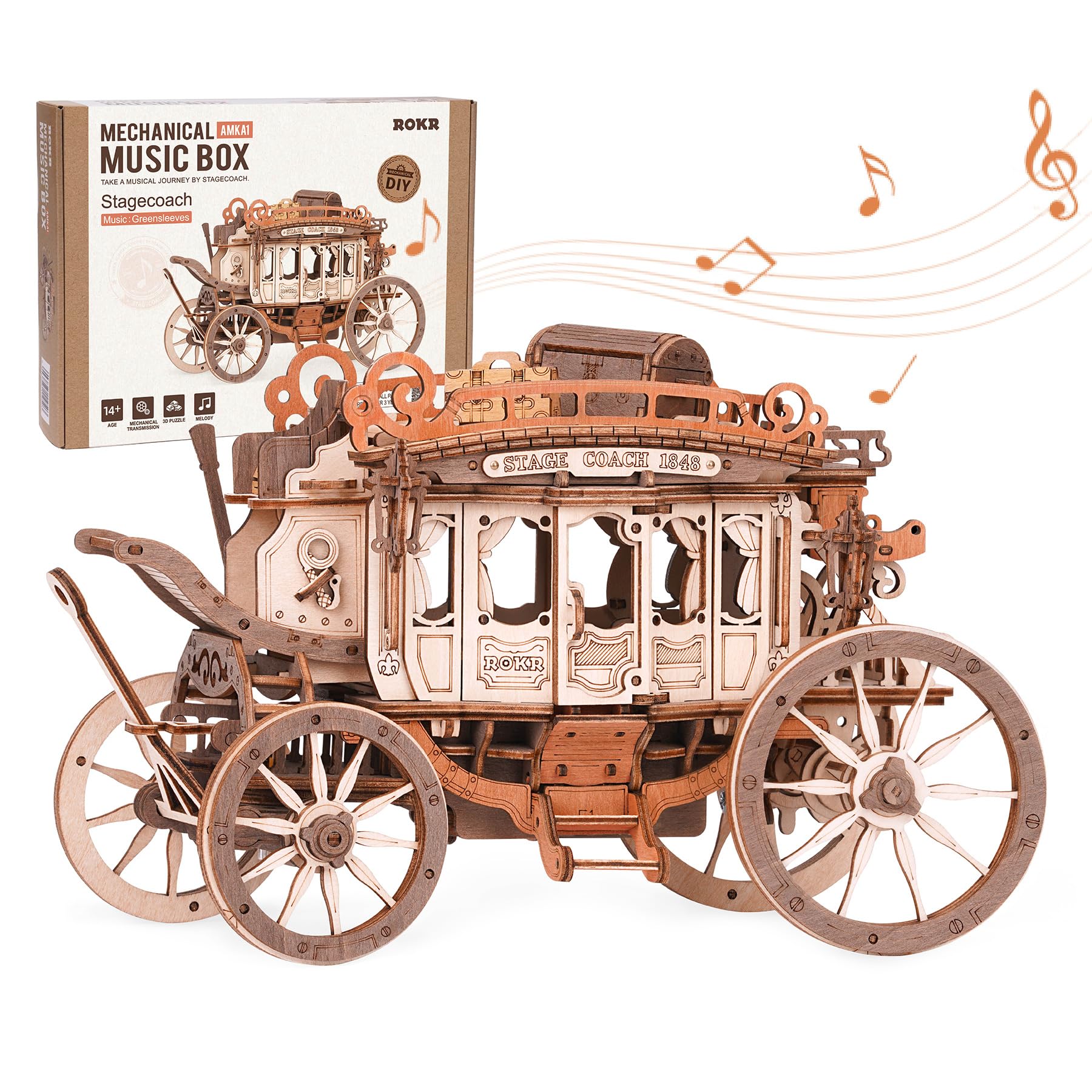 ROKR Stagecoach music box kit with wind-up action for a collectible desk piece.