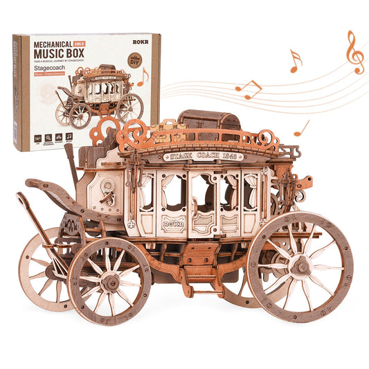 ROKR Stagecoach music box kit with wind-up action for a collectible desk piece.