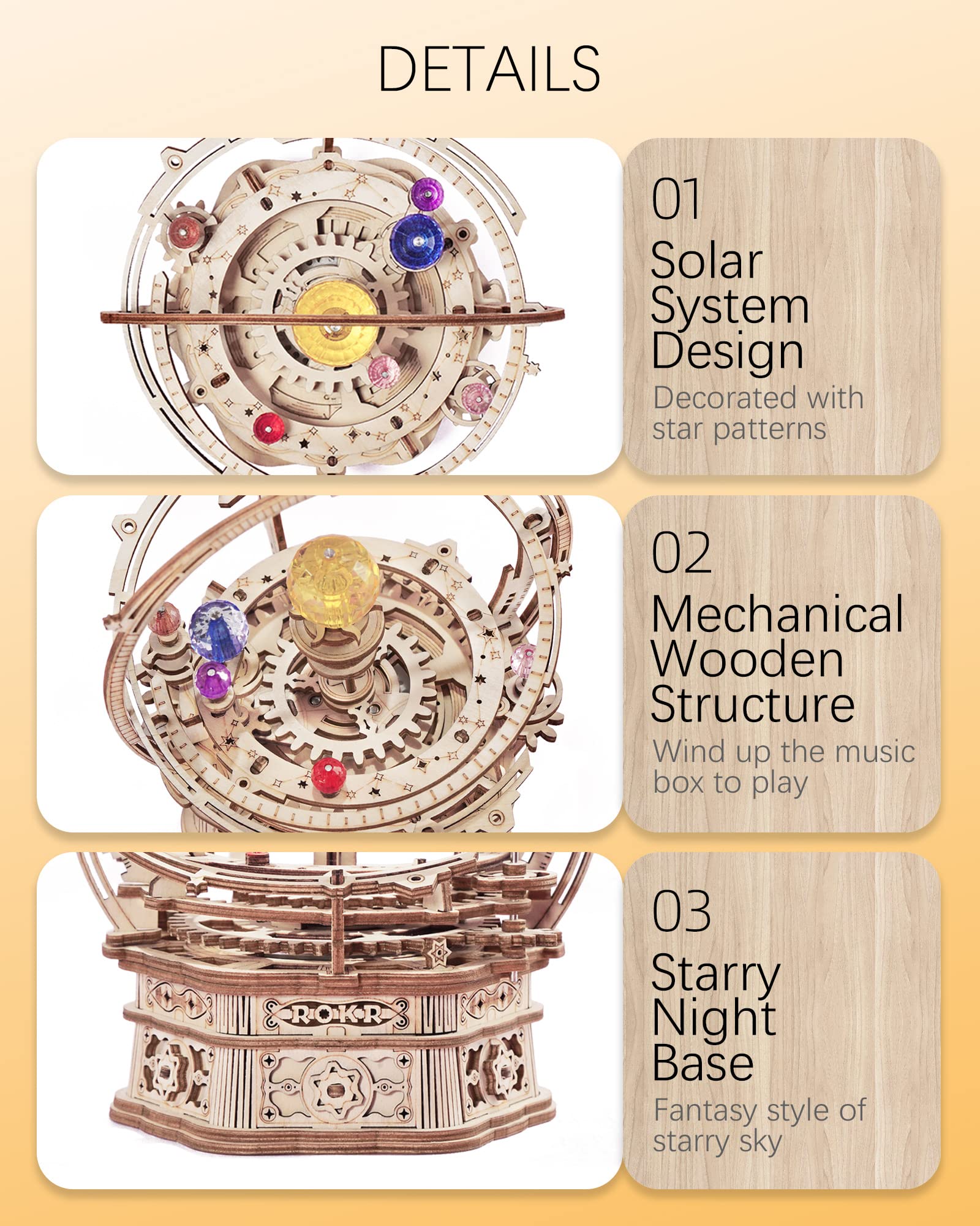 ROKR Starry Night laser-cut plywood ensures precise, durable construction.