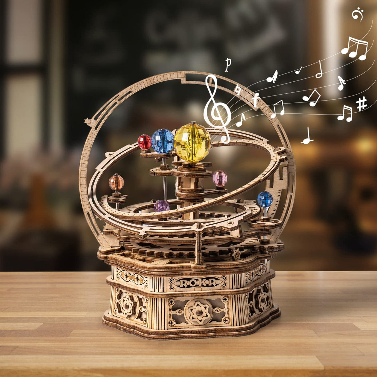 ROKR Starry Night music box front view, assembled for a striking desk centerpiece