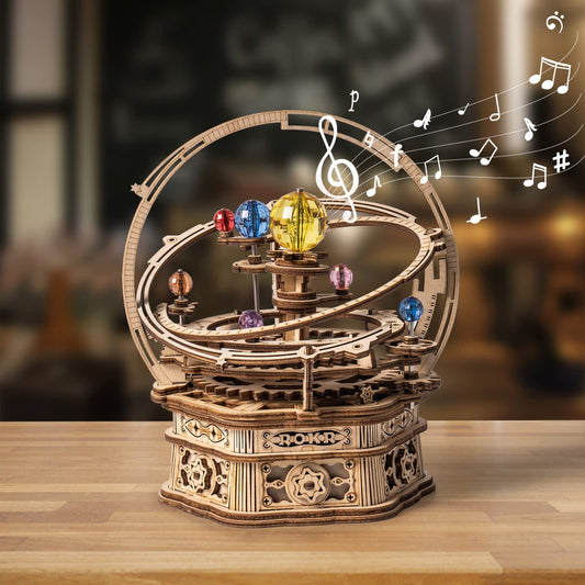 ROKR Starry Night music box front view, assembled for a striking desk centerpiece