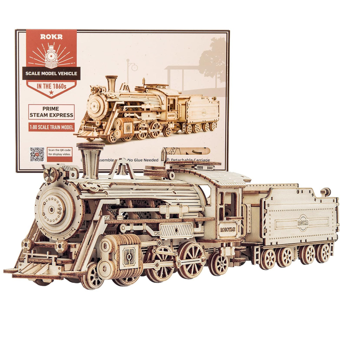 ROKR steam train model with carriage ready for hands-on assembly and display.