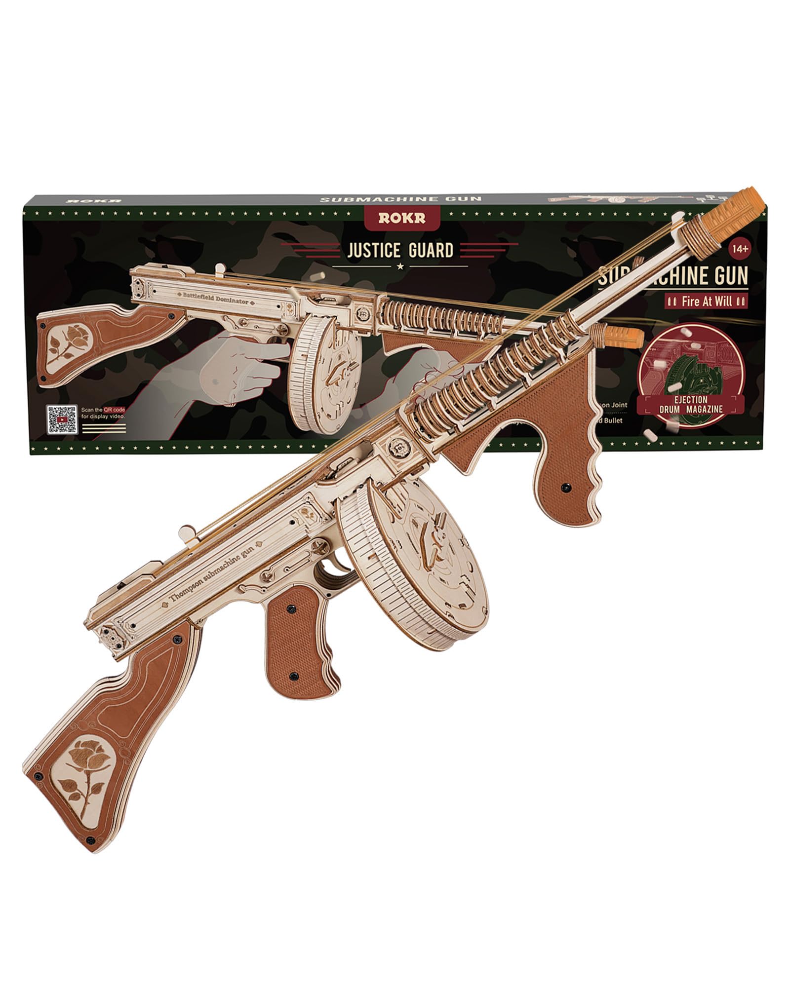 ROKR Tommy Gun 3D puzzle with laser cut pieces for precise assembly