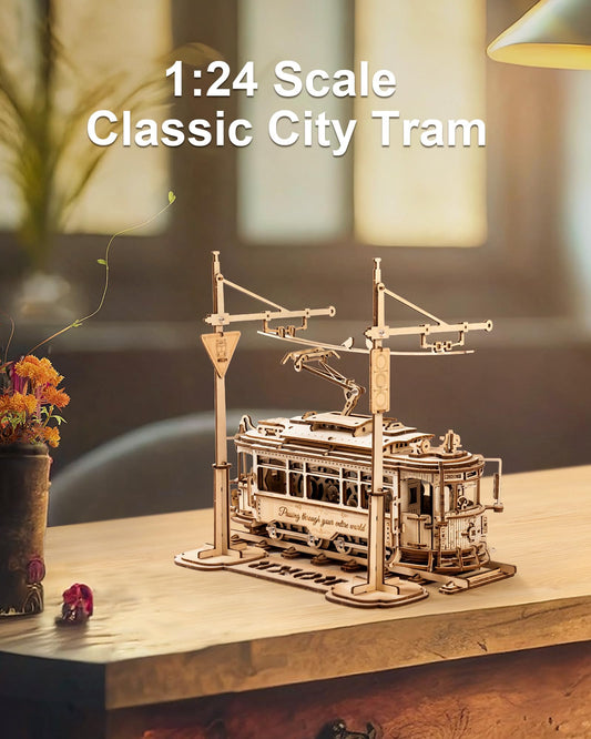 ROKR tram model close-up of assembly instructions and pieces