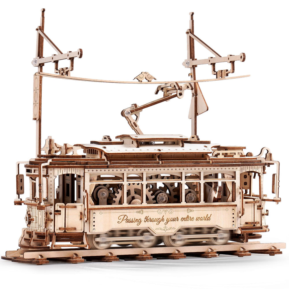 ROKR tram model front view showing wooden texture for display