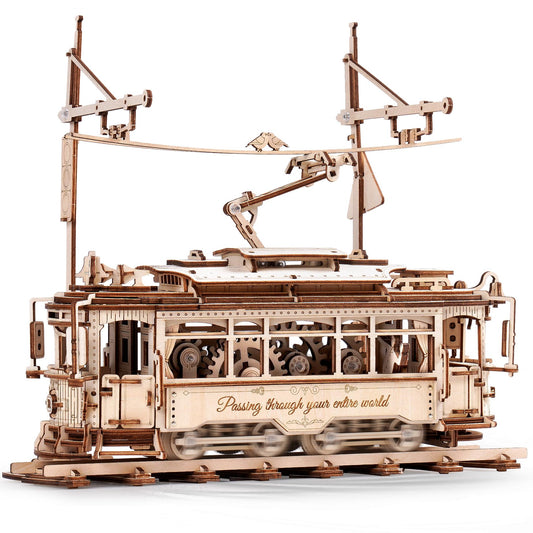 ROKR tram model front view showing wooden texture for display