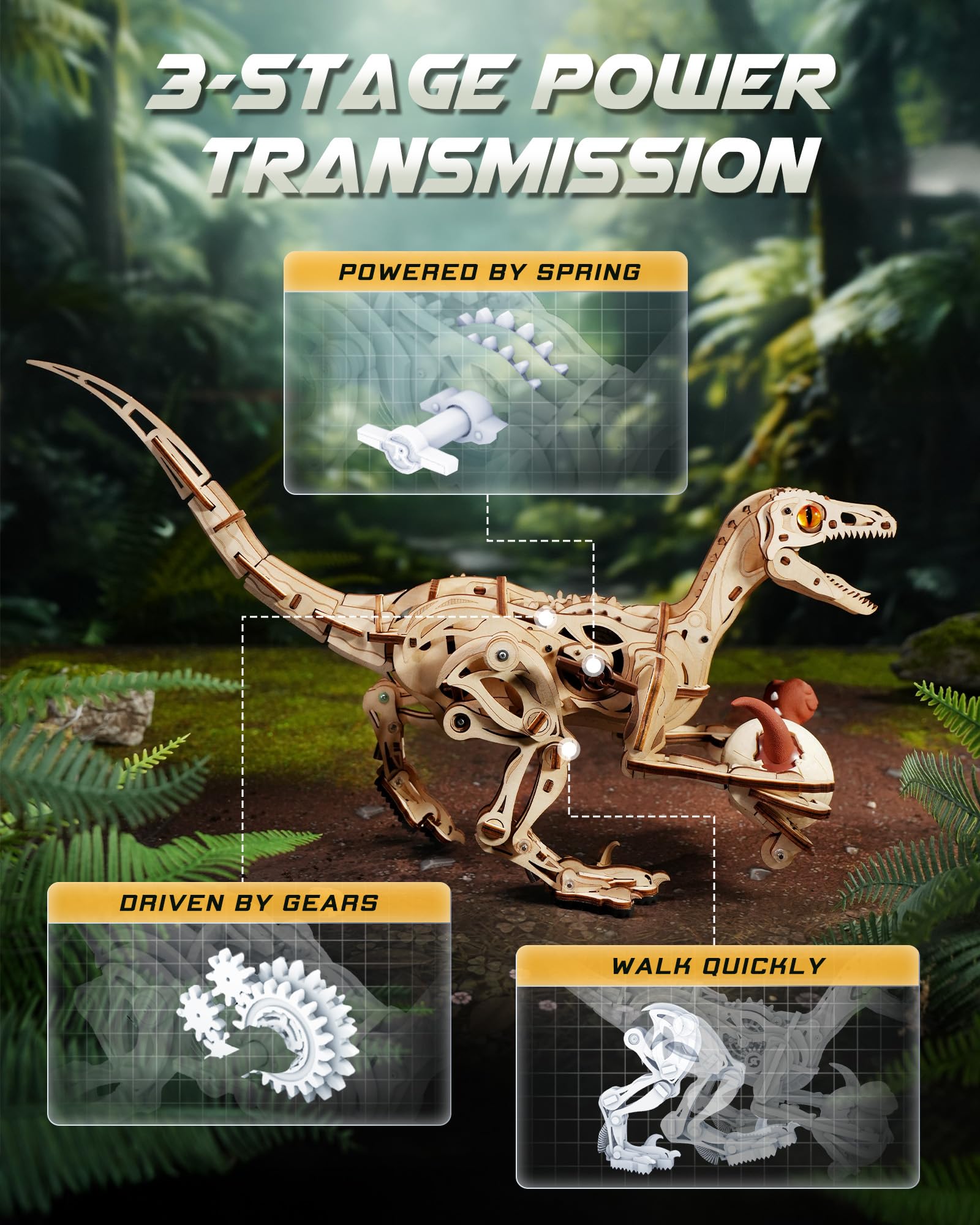 ROKR Velociraptor amber eyes and sharp teeth create a striking display.