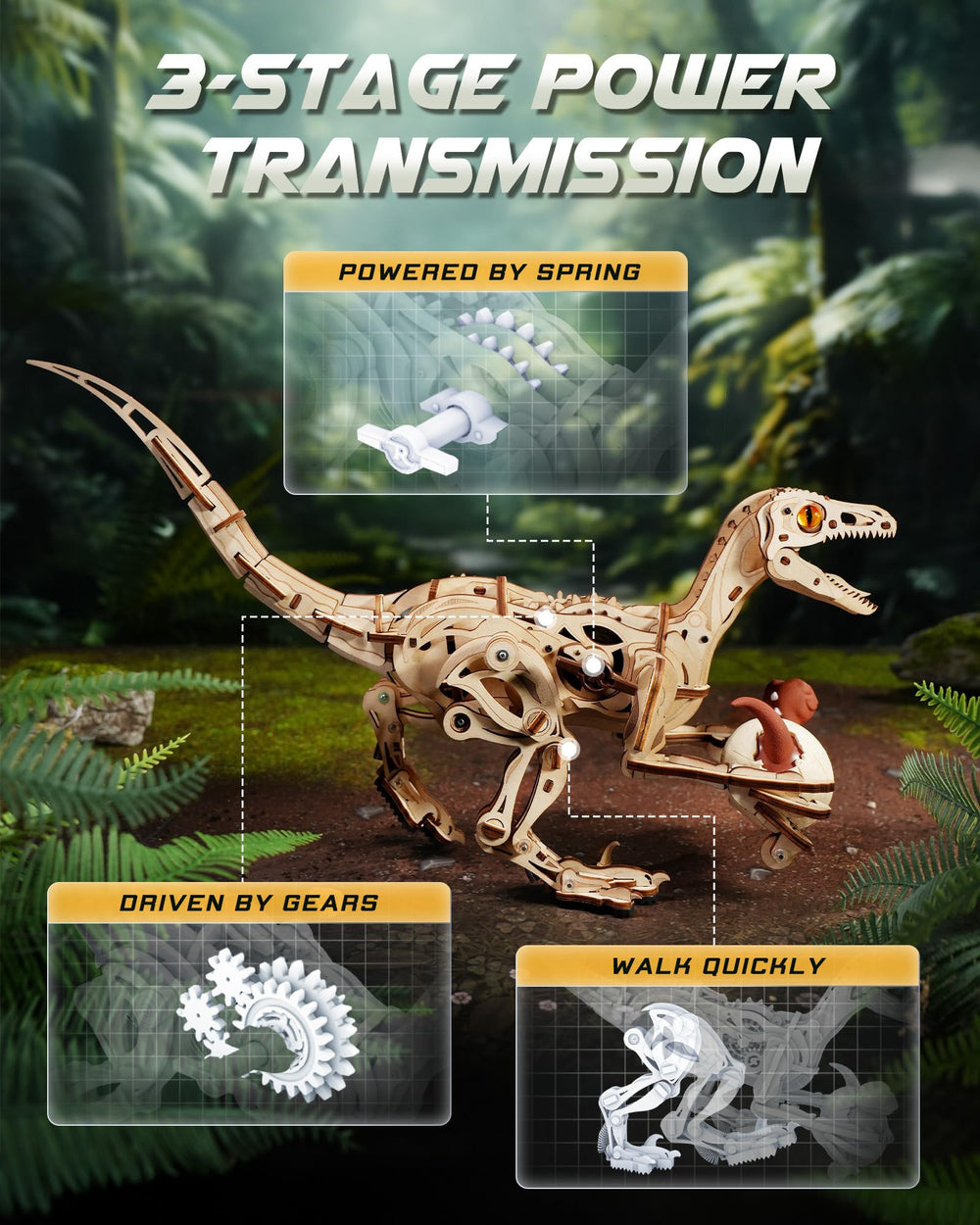 ROKR Velociraptor amber eyes and sharp teeth create a striking display.