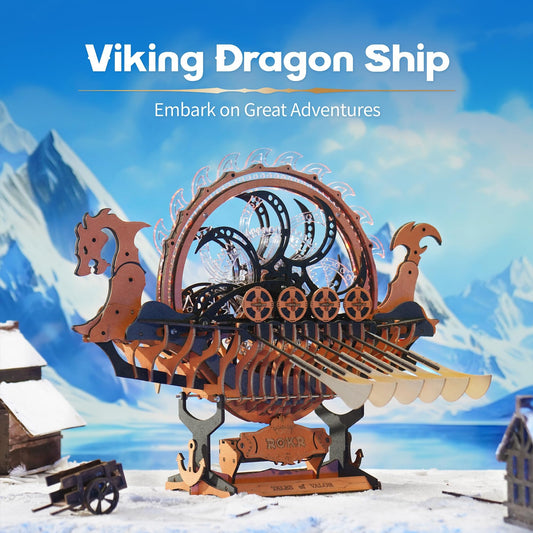 ROKR Viking Dragon Ship with LED lights for dramatic nighttime display.