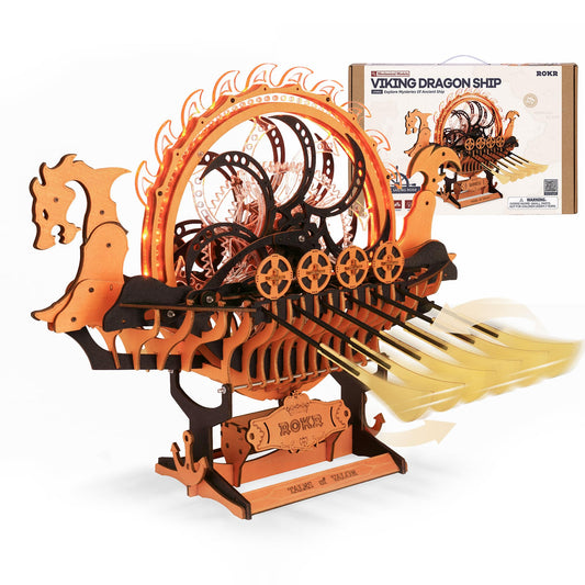 ROKR Viking Dragon Ship wooden frame for display and hands-on building.