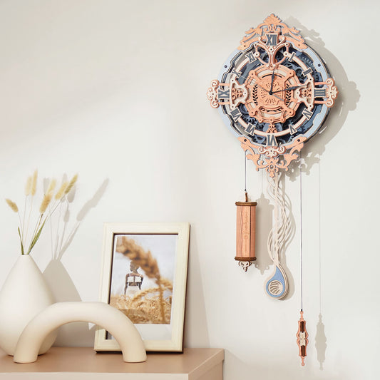 ROKR vintage wooden pendulum clock kit demonstrates gravity-driven pendulum