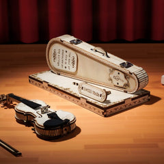 ROKR violin model kit ready for display after careful assembly and play-ready construction.