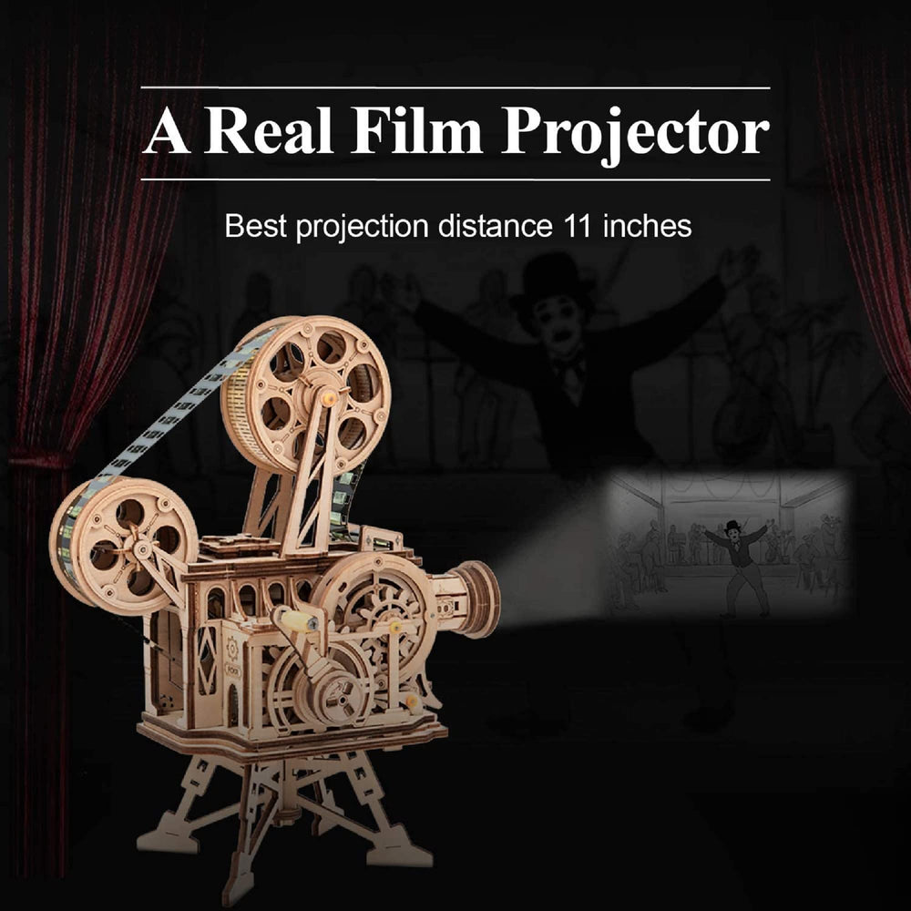 ROKR Vitascope front view shows rustic wooden projector detail.