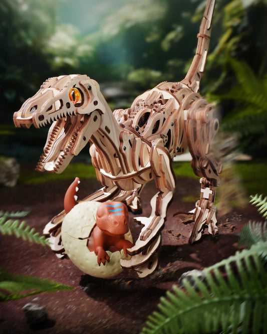 ROKR Walking Dino gear mechanism shows wind-up action for tactile learning.