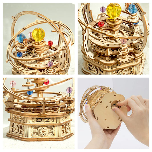 ROKR wooden-orrery-gear-trains reveal motion in a compact mechanical display
