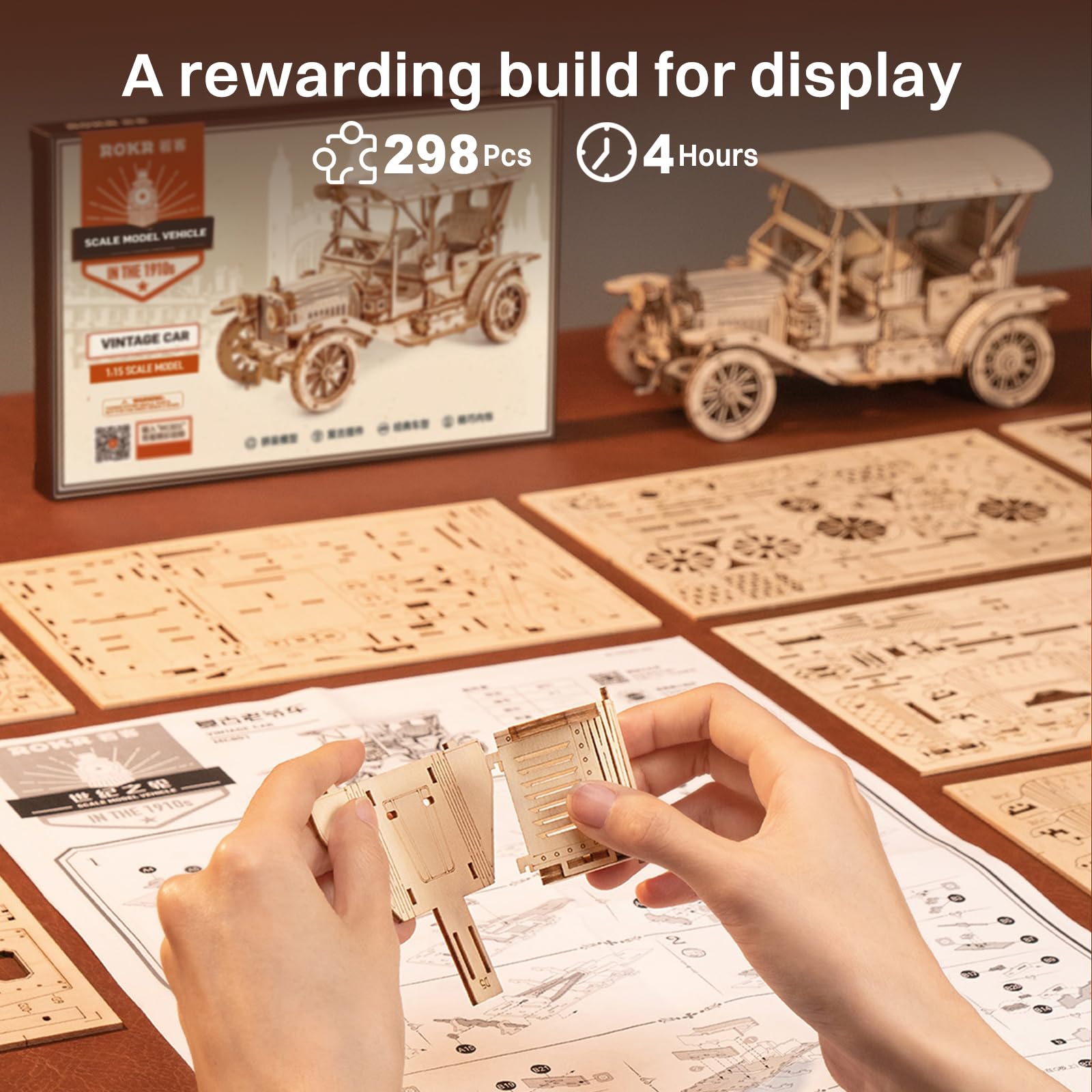 ROKR kit packaging includes laser-cut parts and clear instructions for assembly