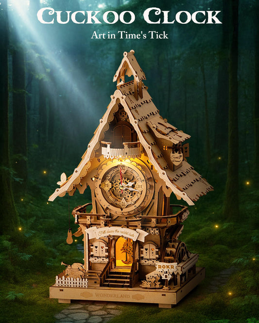ROKR wooden puzzle clock side view showcases detailed craftsmanship for decor