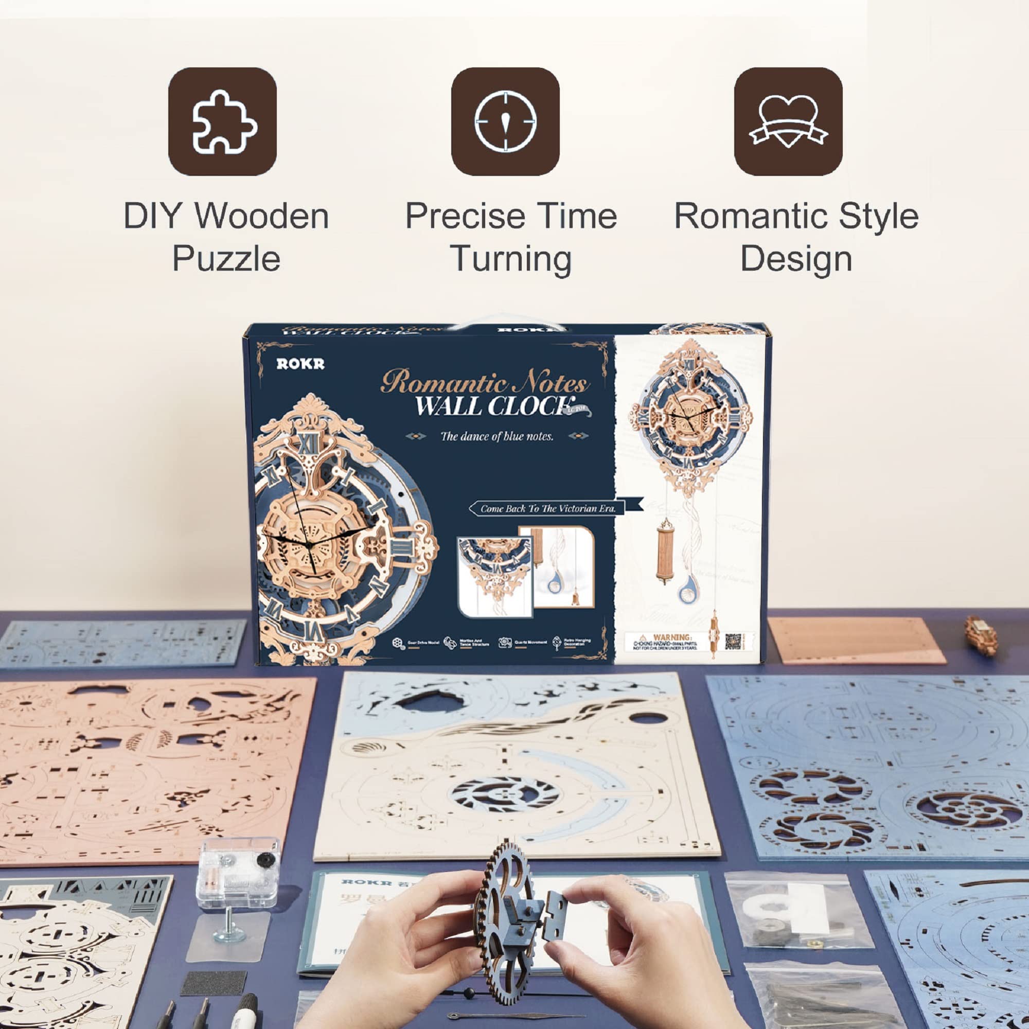 ROKR wooden puzzle clock wall mount offers elegant space-saving display