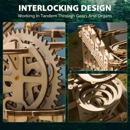 ROKR wooden puzzle details highlight moving gears and precise laser-cut craftsmanship.