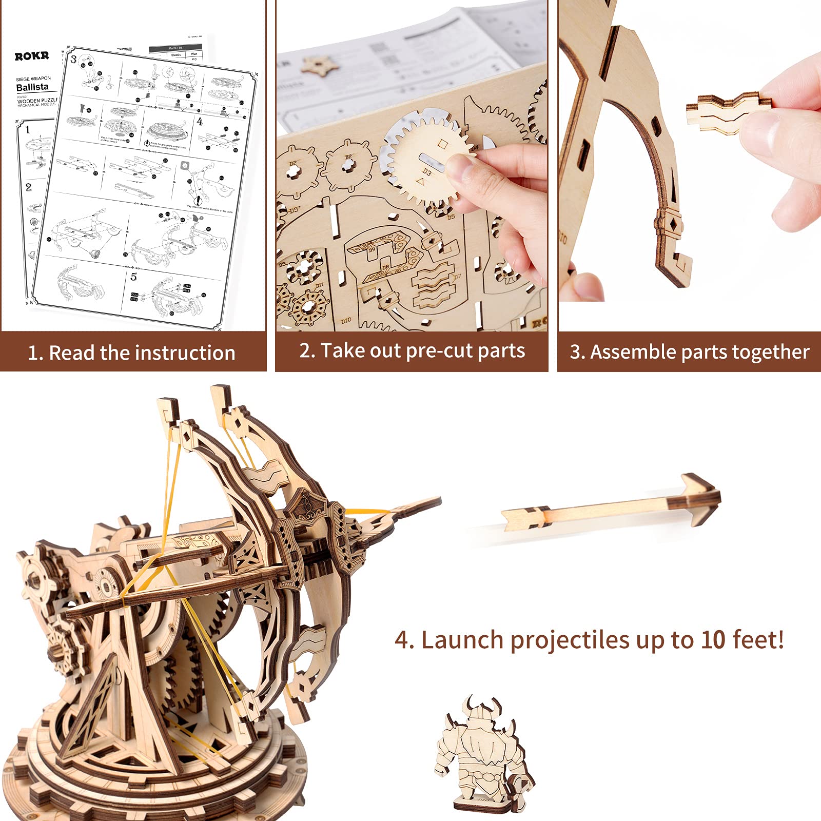 ROKR wooden puzzle parts pop out easily for quick assembly and satisfaction.