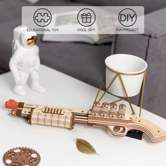 ROKR wooden puzzle shotgun kit building, a collaborative family activity.