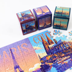 Rokt&razo back-panel facts enhance the city puzzle experience.