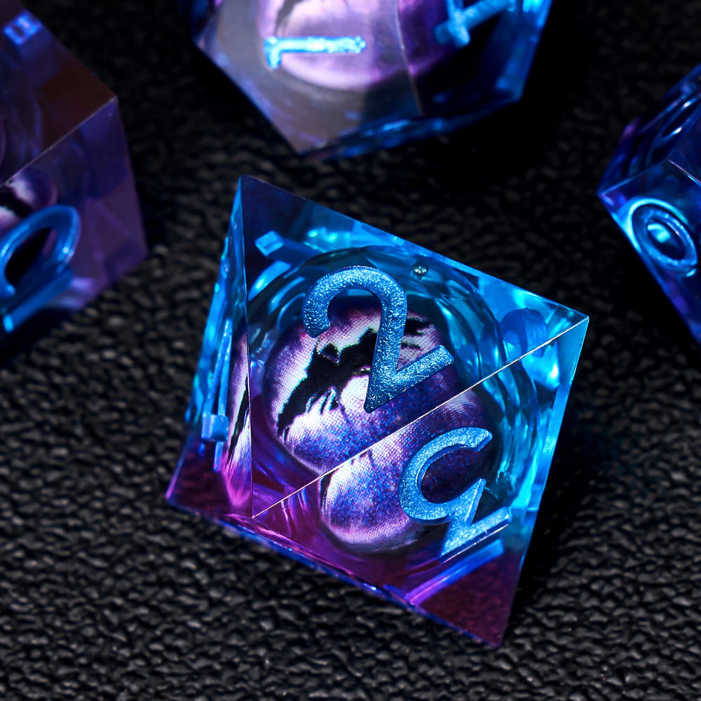 Blue purple dragon eye dice highlight handcrafted resin texture by Role Dice.