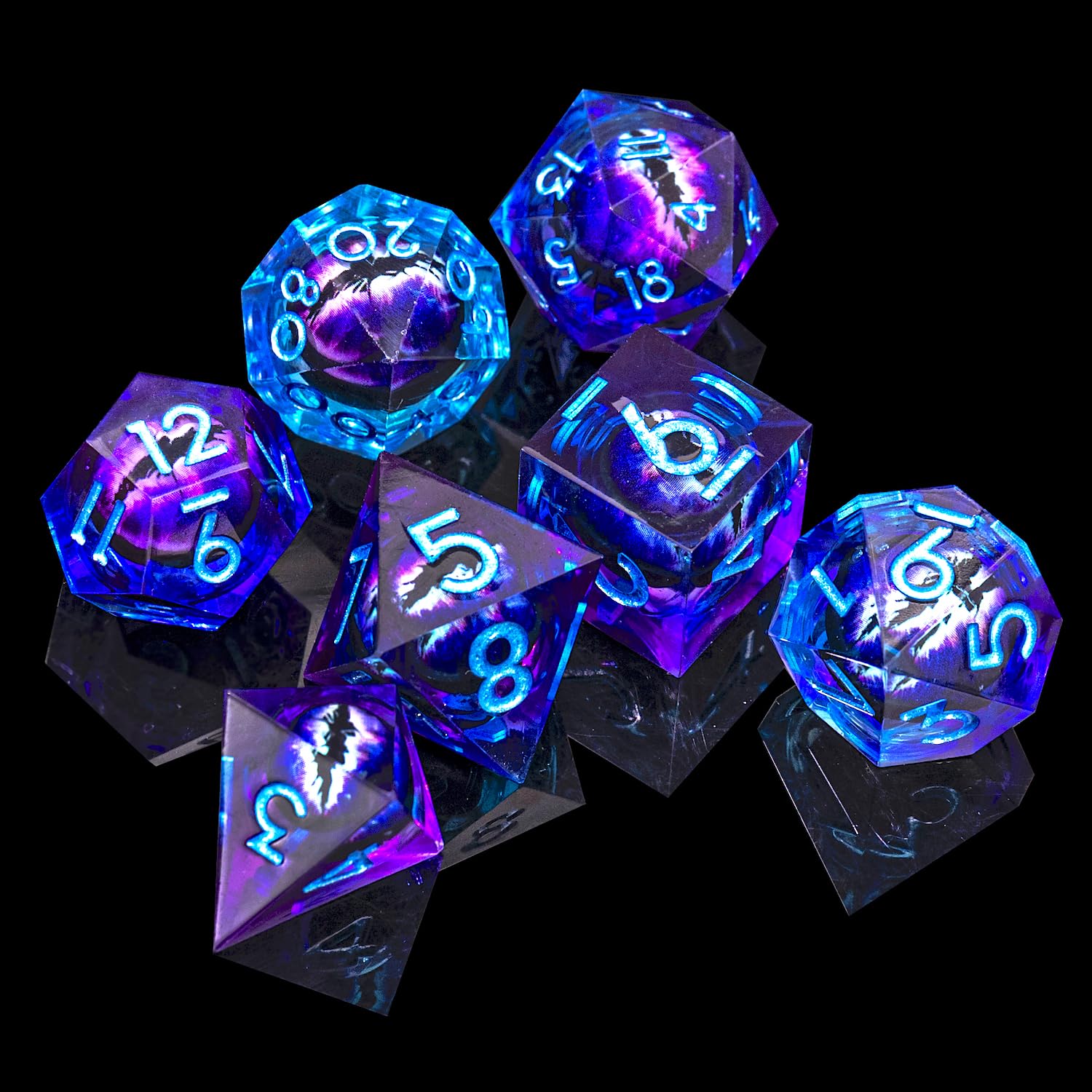 Seven-piece D4-D% dice set for various RPG systems by Role Dice.