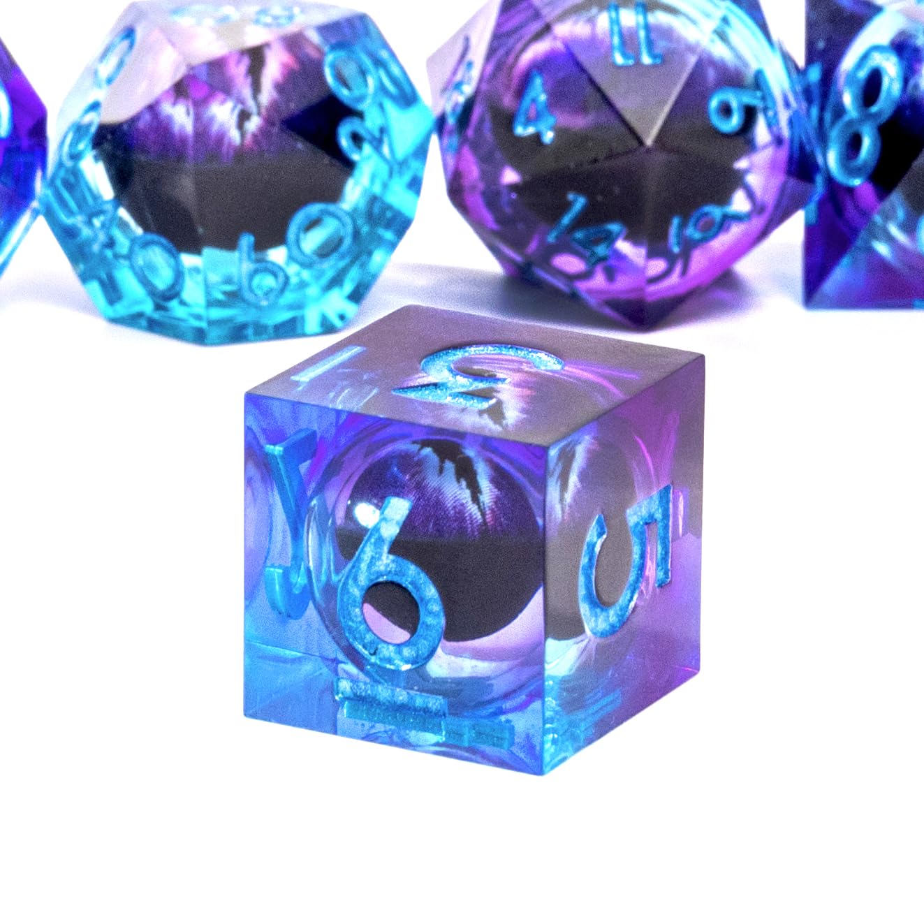 Premium resin with blue purple swirl catches light during rolls.