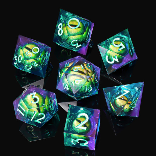 Role Dice Beholder's Dragon Eye dice in green purple seven-piece set for RPG sessions