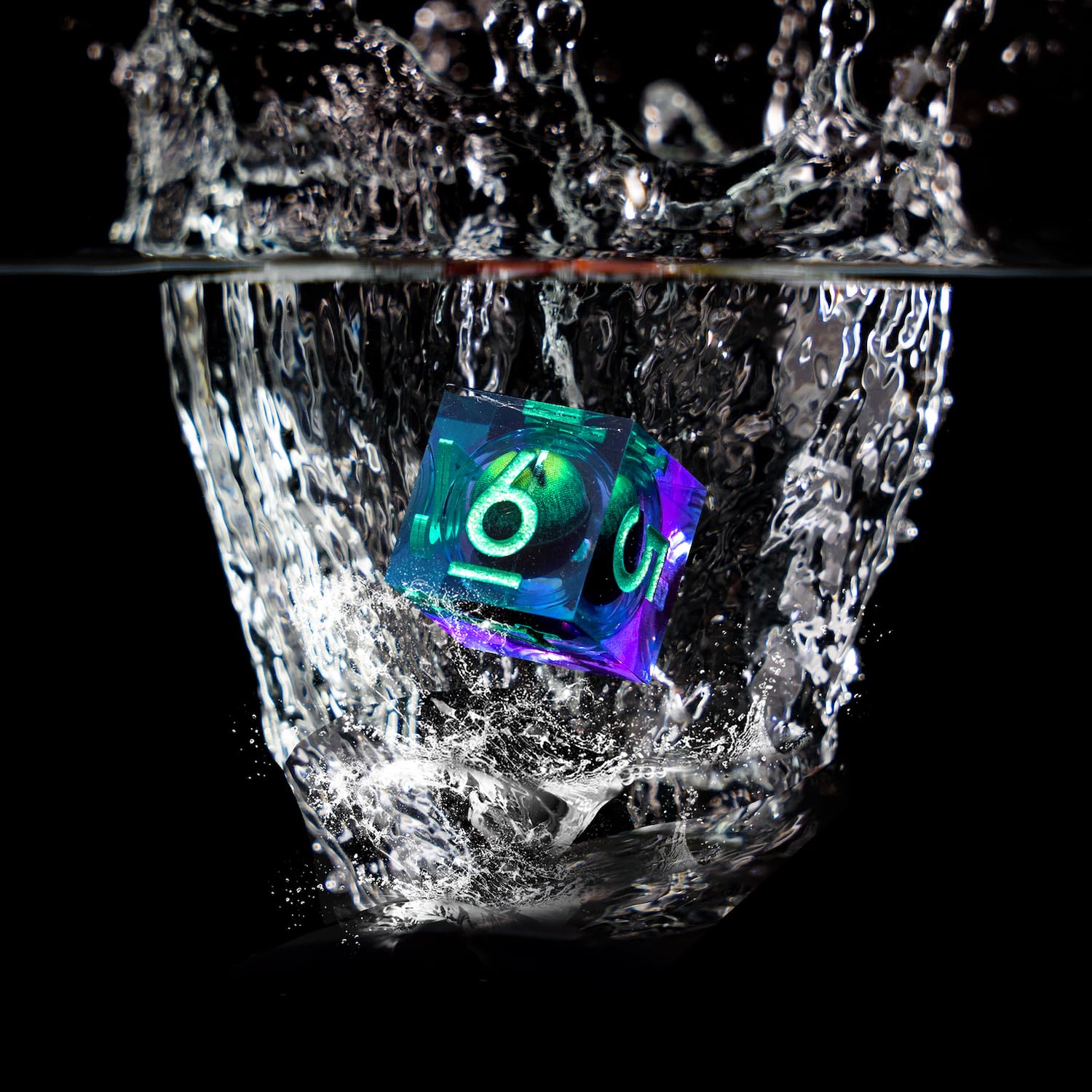 Role Dice dragon eye DND dice close-up in green purple palette