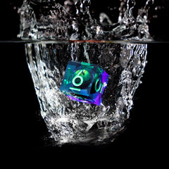 Role Dice dragon eye DND dice close-up in green purple palette