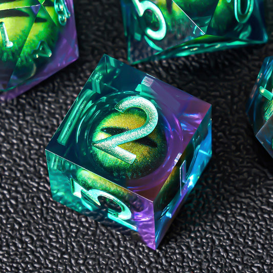 Role Dice liquid-core resin cat eye close-up showing vibrant color and clarity