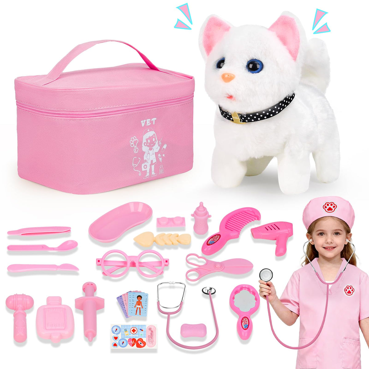 Rolevoria Doctor Kit for Girls opened with bag and tools for imaginative vet play.