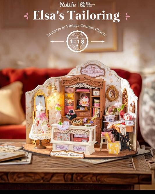 Rolife 1950s fashion salon diorama highlights vintage sewing atelier and elegant miniatures.