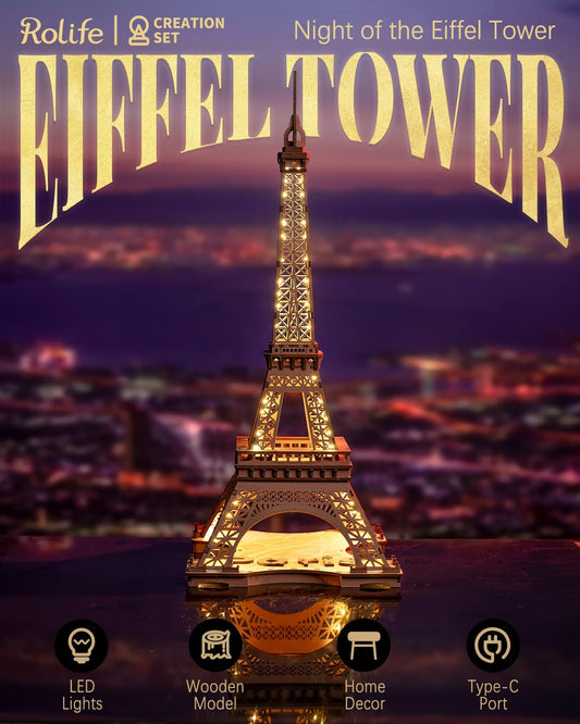 Rolife 3D puzzle Eiffel Tower assembly showcases intricate layers for a satisfying build.