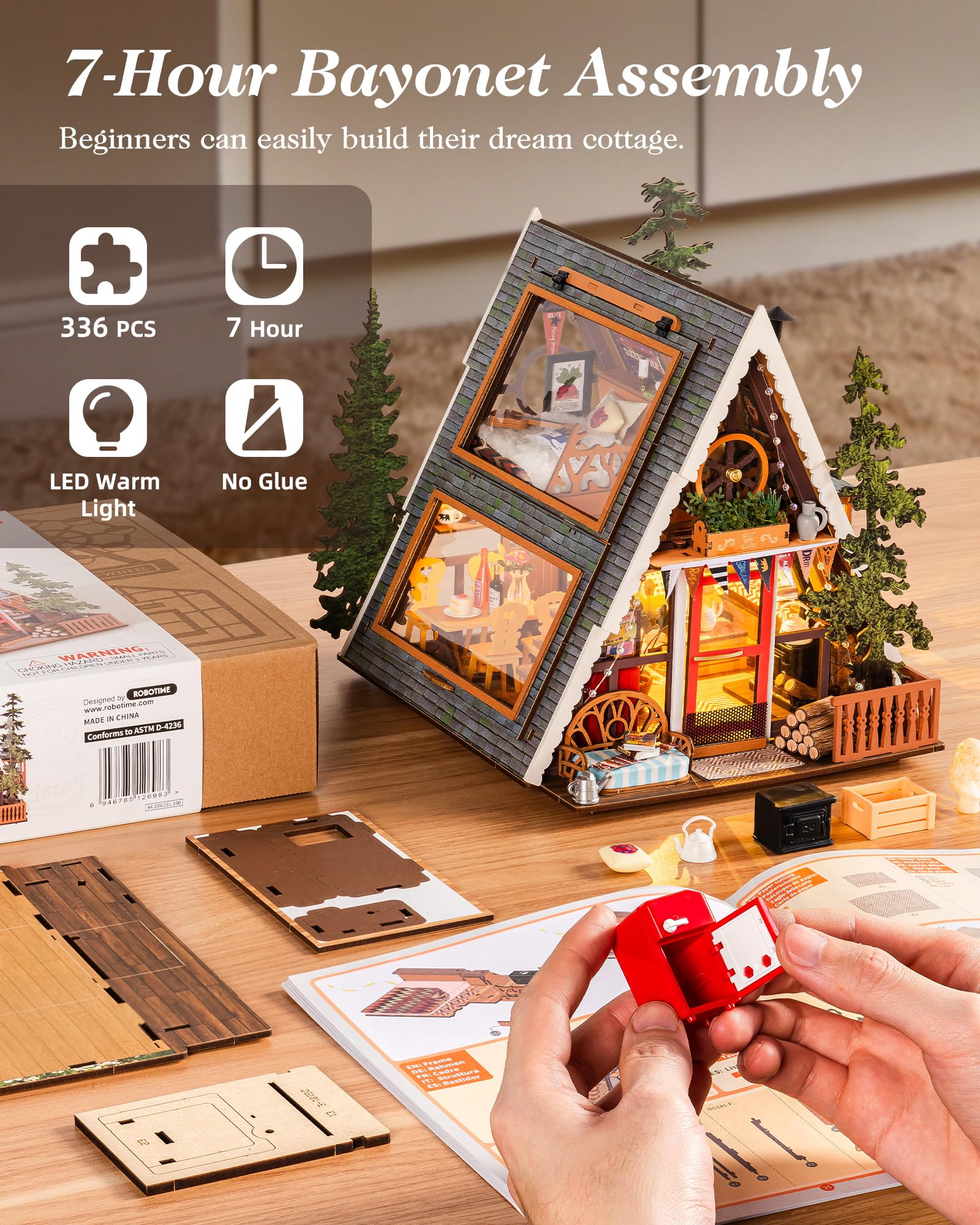 Rolife Cabin on a desk display adds charming focal point.