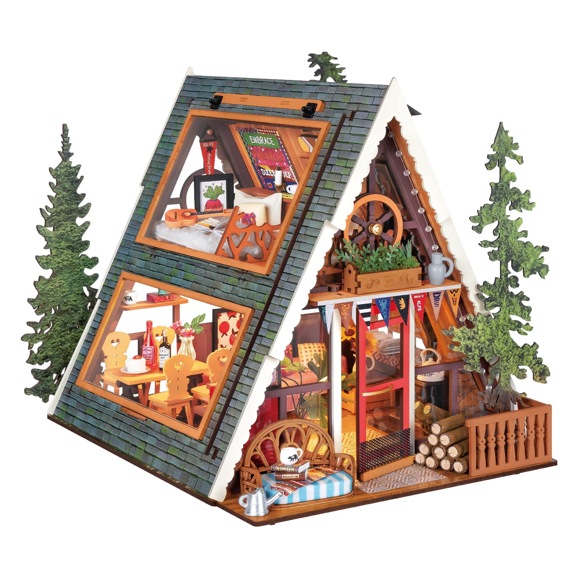 Rolife A-Frame Cabin tree house dollhouse kit for adults, featuring no-glue assembly.