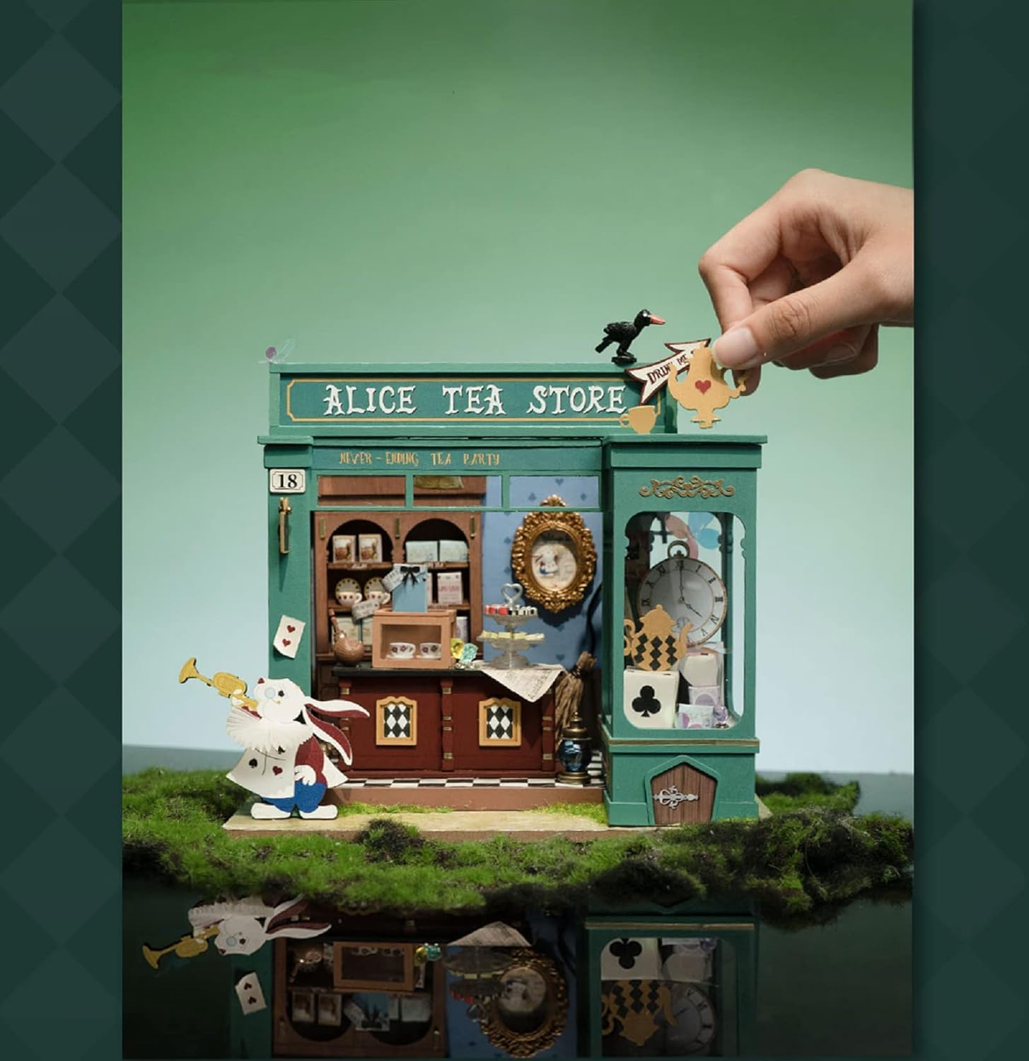 Rolife Alice's Tea Store detailed wooden flowers add natural charm.