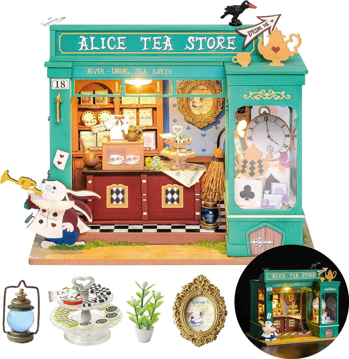 Rolife Alice's Tea Store mini house assembled for display and imaginative play.