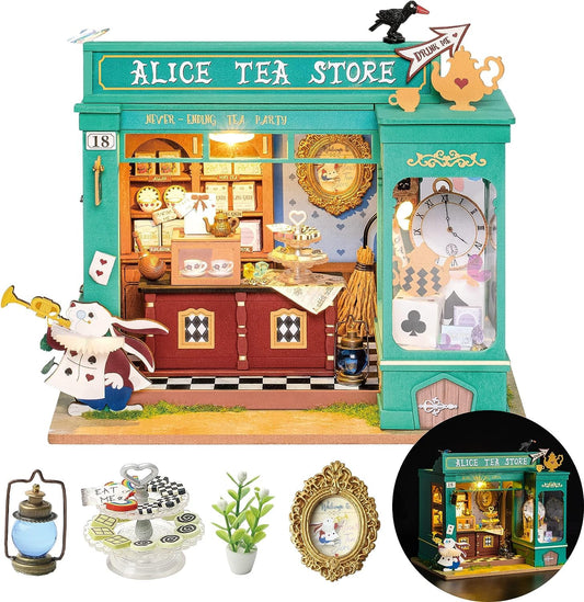 Rolife Alice's Tea Store mini house assembled for display and imaginative play.