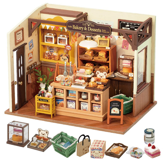 Rolife Becka Bakery diorama kit—tiny breads and donuts for lifelike display.